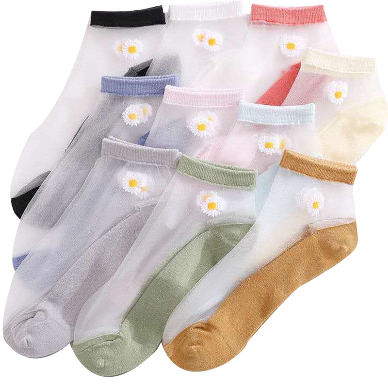 浦斯力小雏菊短袜女透明玻璃丝低帮中筒袜夏季网红ins透气水晶丝袜