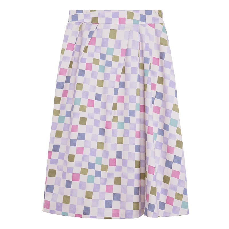 鄂尔多斯ERDOS 夏季轻薄撞色格子冰点印花压褶中长款女士半身裙