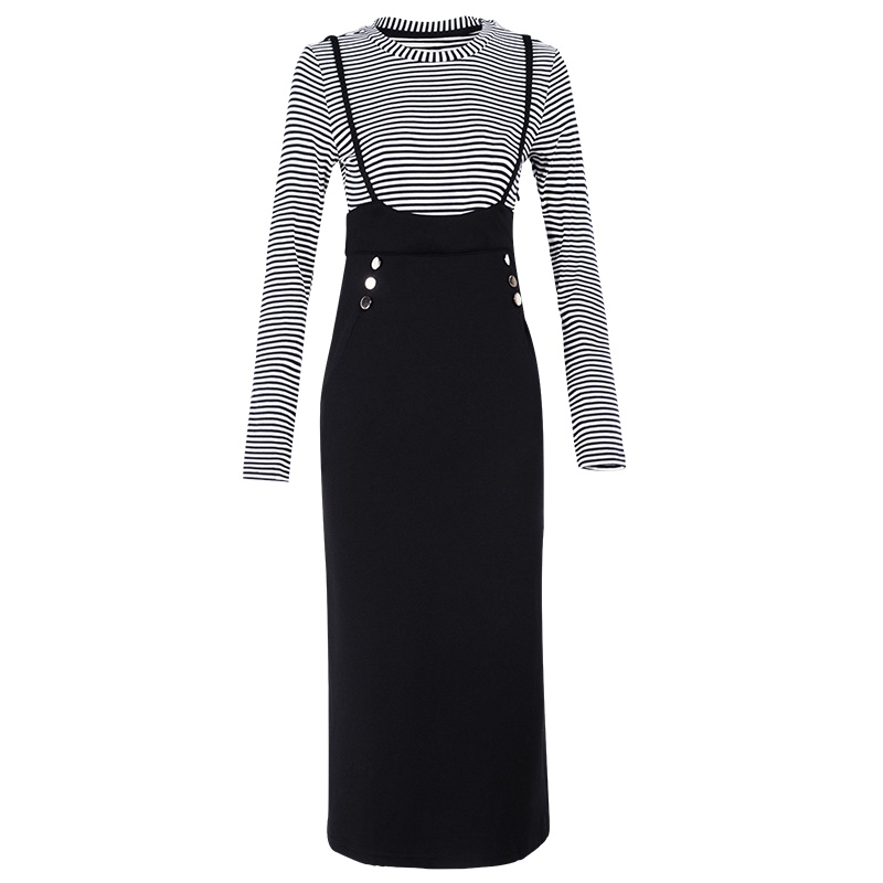 晚白2019秋季新品通勤优雅复古条纹圆领长袖包臀裙假两件连衣裙女