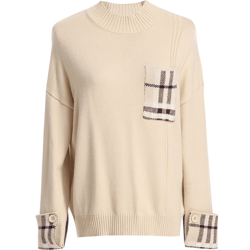 欧昵雪半高领拼接格子口袋宽松毛衣女套头长袖针织衫