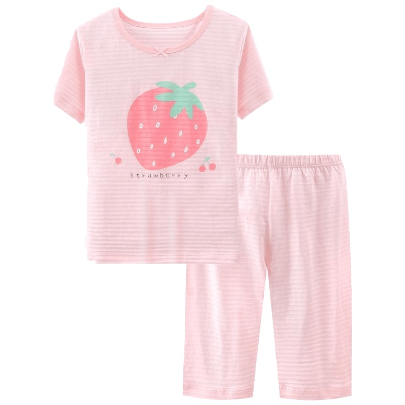 KIDS MAM&DAD夏季儿童睡衣套装女童短袖T恤五分裤短裤女宝宝夏天睡衣竹节棉套装家居服套装