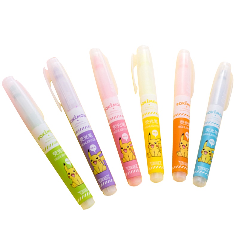 得力荧光笔套装皮卡丘6色标记笔彩色记号笔无味粗划重点绘画糖果色阅读卡通创意红橙黄绿蓝紫一套33376