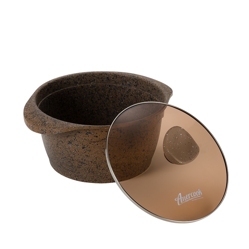 AMERCOOK阿尔菲塔麦饭石汤锅不粘锅24cm 家用汤锅合金无油烟炖锅煲汤锅火锅平底锅 燃气灶电磁炉通用锅 咖啡色