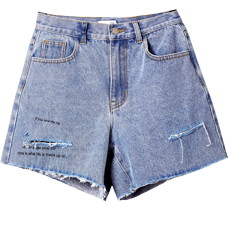 OSA欧莎2019夏季新款女装 青春字母印花个性破洞毛边牛仔短裤