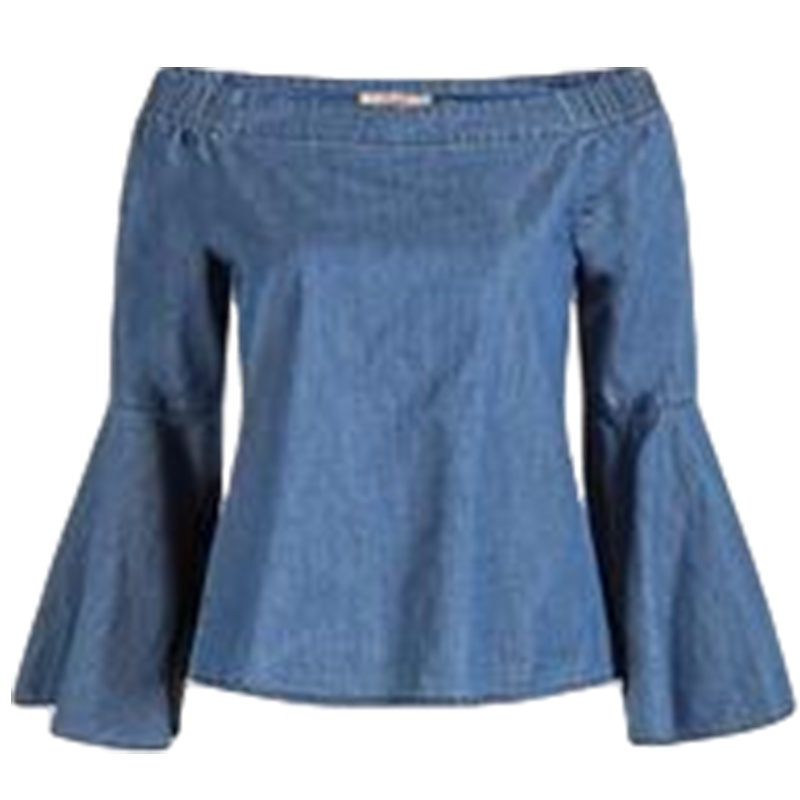 【福利款】拉夏贝尔甜美一字领荷叶袖上衣 牛仔衬衫