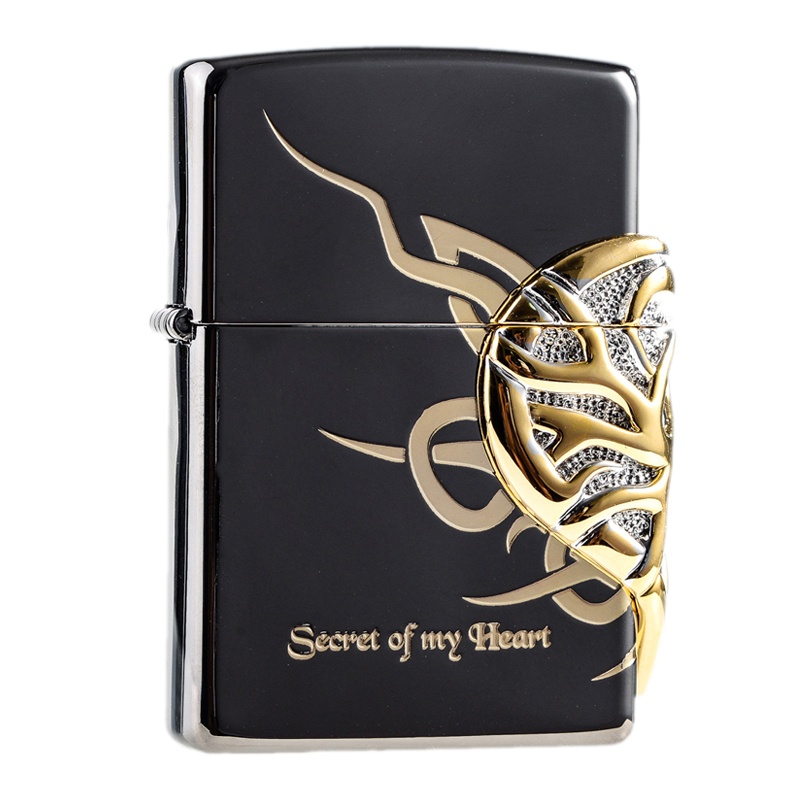 美国ZIPPO打火机 芝宝 黑冰镀金镶红水晶三面心愿