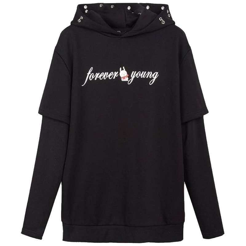 7M女装秋装新款宽松显瘦套头慵懒连帽假两件上衣卫衣女70009356