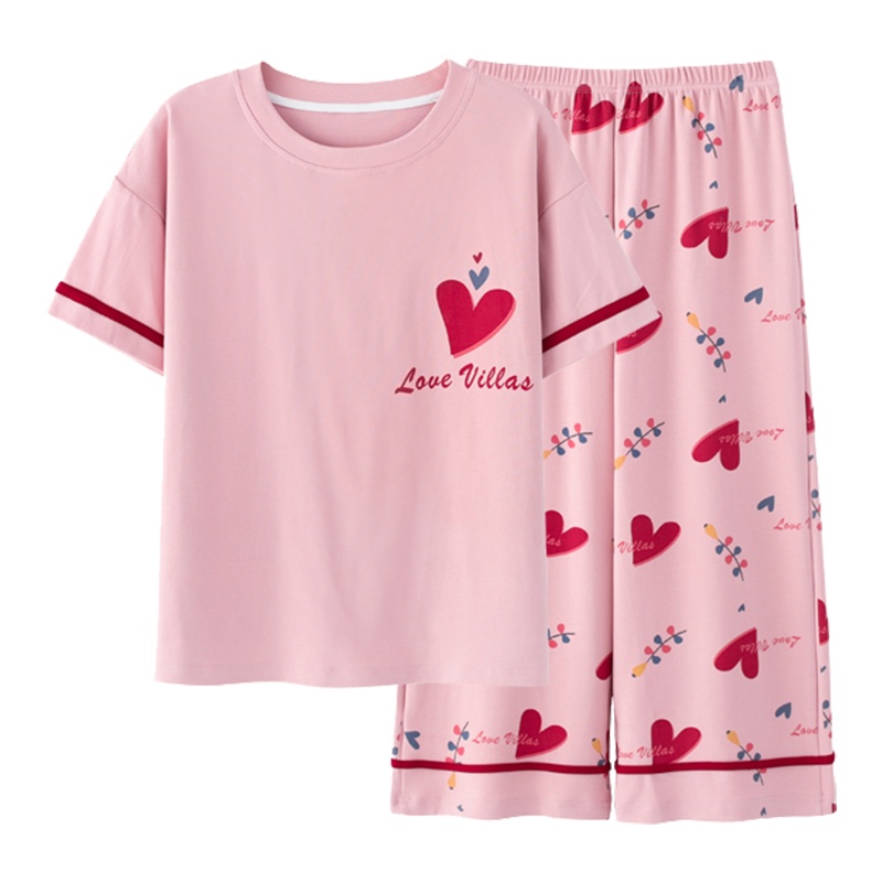 浪莎新款睡衣女夏季短袖七分裤加大码宽松韩版可爱学生家居服套装