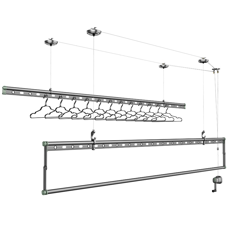 好太太升降晾衣架手摇双杆晒被子神器室内家用阳台晒衣架晾衣杆D-1082[深空灰+牛油果绿]+防反转技术+送12个铝衣架