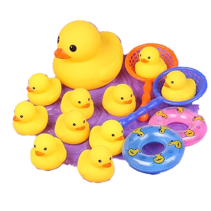 宝宝玩具小鸭儿童戏水玩具婴儿洗澡玩具小鸭子淋浴洗澡玩具 大黄鸭1带10小鸭-+2网2泳圈