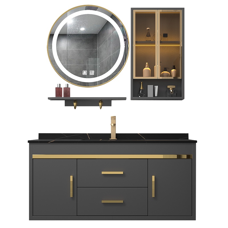 古达现代轻奢岩板浴室柜组合卫生间洗手池洗脸洗面盆柜洗漱台智能圆镜