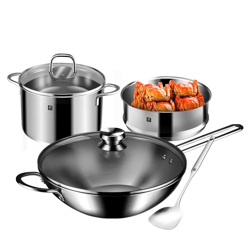 德国双立人(ZWILLING)Nova系列30cm中式炒锅套装不锈钢炒菜锅无耳蒸笼汤锅锅铲炊具套锅组合
