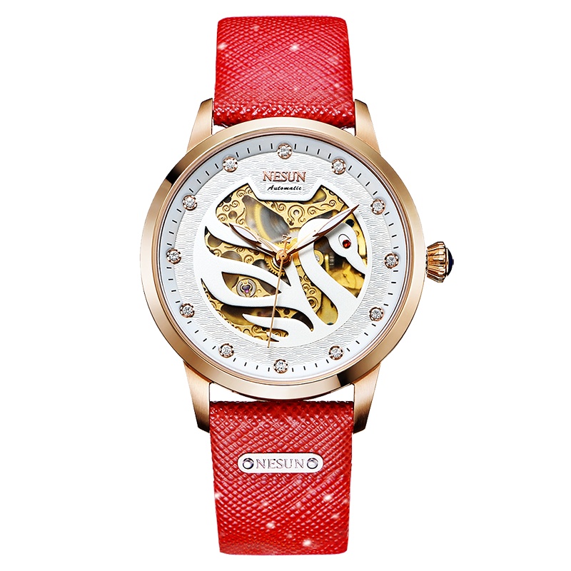 尼尚(Nesun)女士手表 全自动机械表 女时尚潮流白天鹅表盘镂空女表防水 女士腕表 玫金红皮带真皮学生女神腕表9301