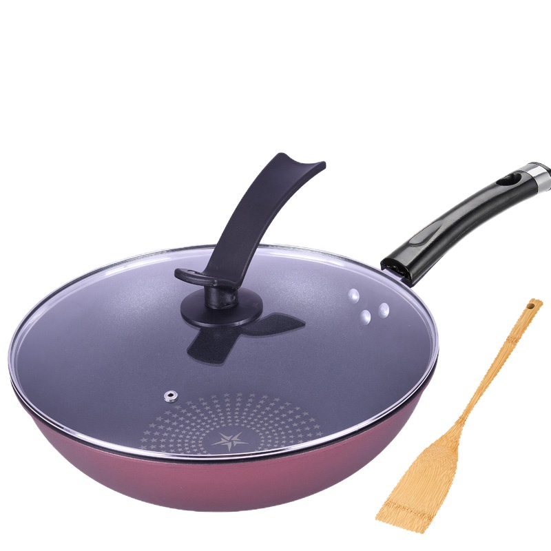 正品少油烟铁锅32cm平底炒锅炒勺炒菜锅电磁炉锅具 32cm单把手加厚锅体+钢化玻璃盖