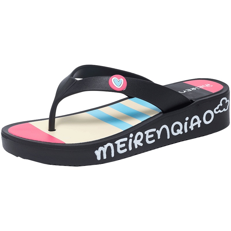 美人桥女式人字拖鞋舒适透气轻便拖鞋时尚字母中跟爱心板拖防滑耐磨615-1
