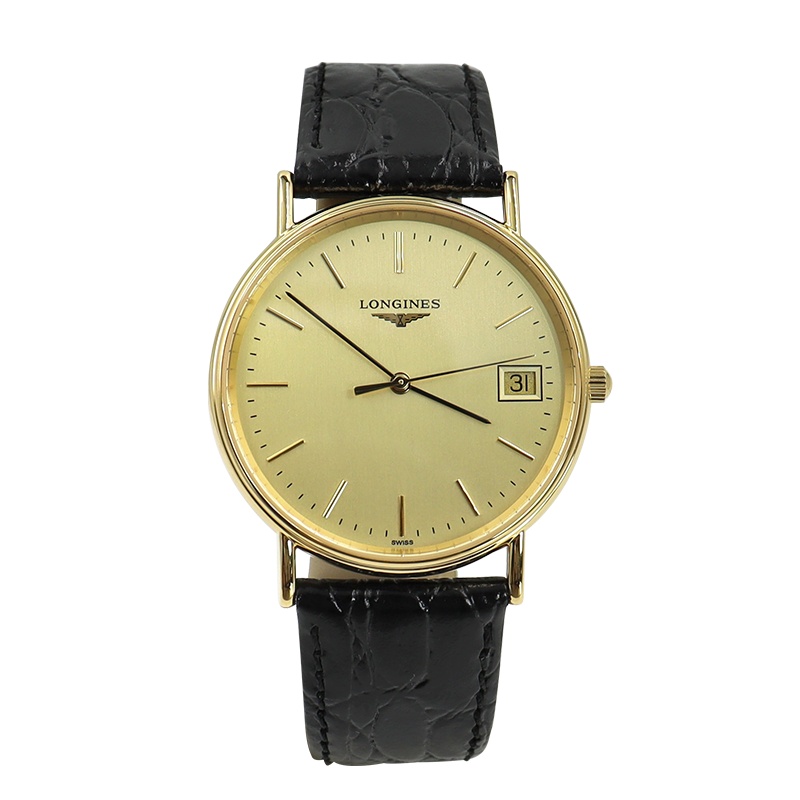 浪琴(LONGINES)瑞士进口瑰丽系列石英表男 金盘黑皮 L4.819.2.32.2 男表