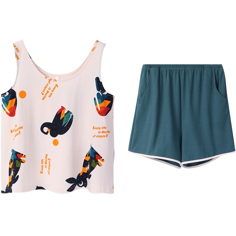 安之伴睡衣女夏夏季冰爽棉印花背心套装