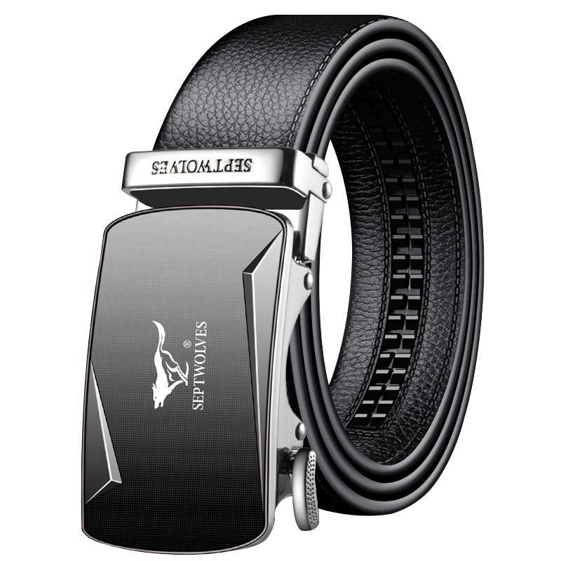 七匹狼(SEPTWOLVES)皮带男休闲款裤带简约中青年自动扣牛皮腰带银色镜面黑色带身 礼盒送礼自用送父亲送男友生日礼物
