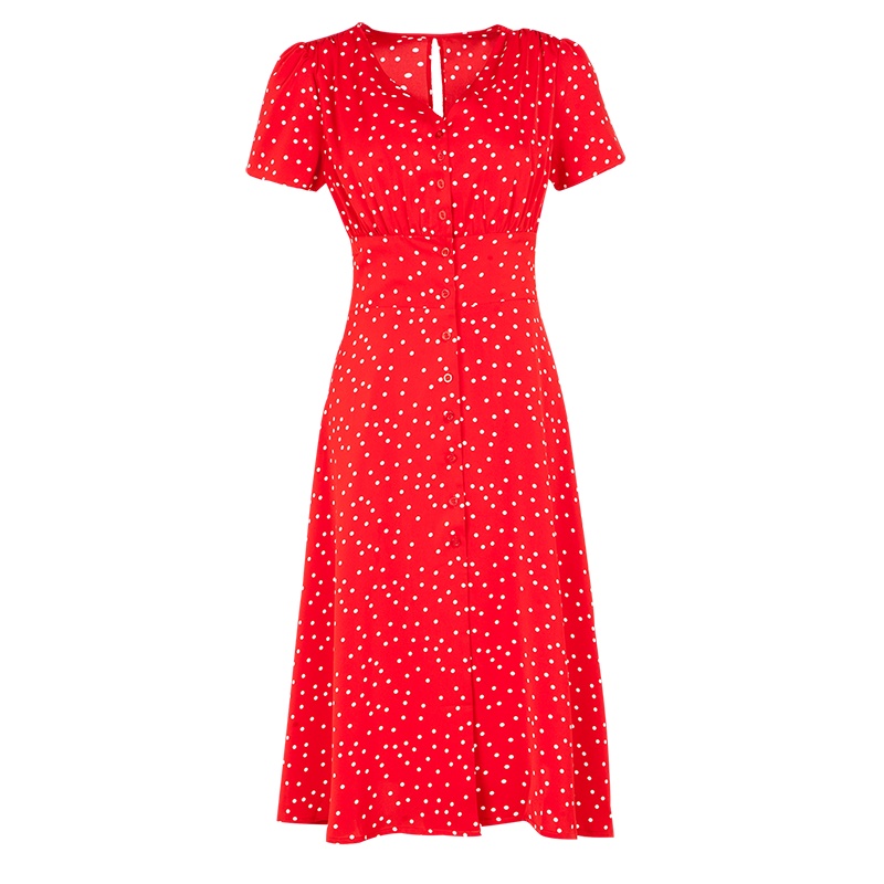 晩白 新品波点印花短袖V领单排扣收腰中长款A字连衣裙