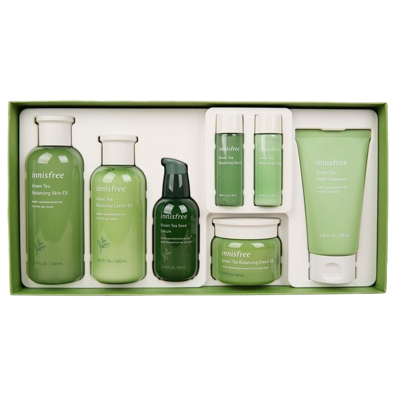 悦诗风吟(INNISFREE) 绿茶精萃保湿洁面乳平衡水乳套装男士面部护肤套装 真萃鲜润补水面膜 绿茶平衡水乳7件套