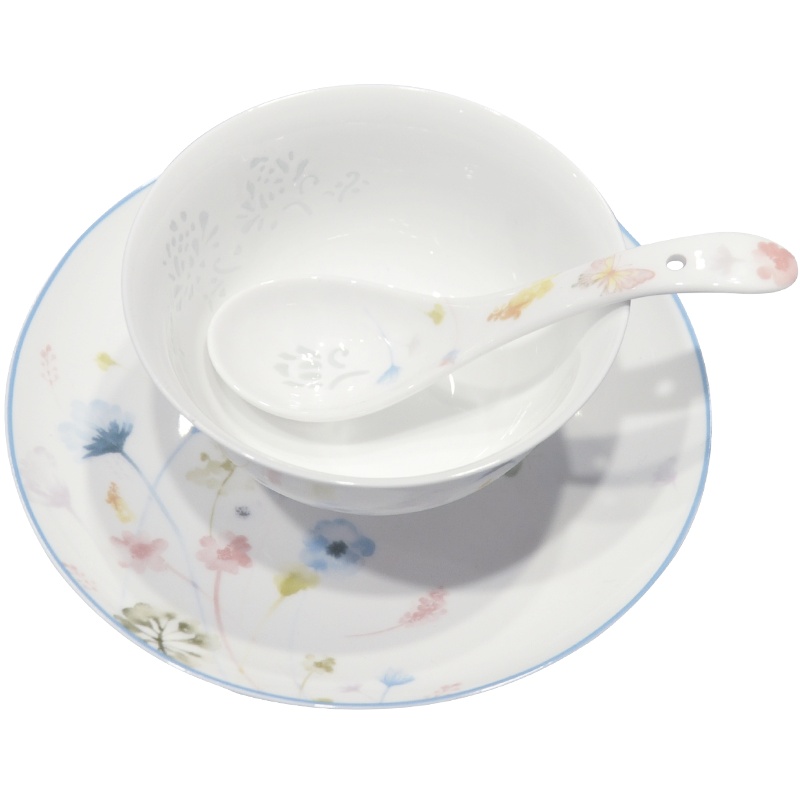 古镇陶瓷碗碟套装家用餐具套装个性创意瓷碗白瓷玲珑餐具拼盘组合28头餐具缤纷世界