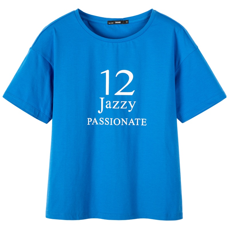 【满198减100预估价：21】森马夏季新款短袖T恤女落肩袖印花上衣潮流紫色上衣女设计感