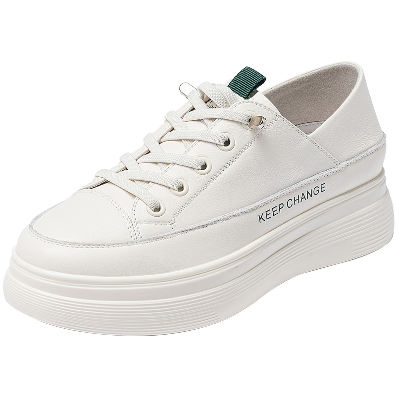 百田森新款厚底鞋小白鞋女潮鞋软底一脚蹬真皮增高免系带帆布鞋女