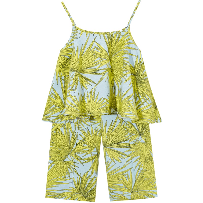 女童套装薄度假沙滩棕榈树印花吊带衫阔腿裤太平鸟夏装新款