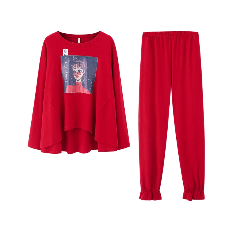 睡衣女秋纯棉长袖时尚休闲红色本命年宽松大码结婚庆家居服