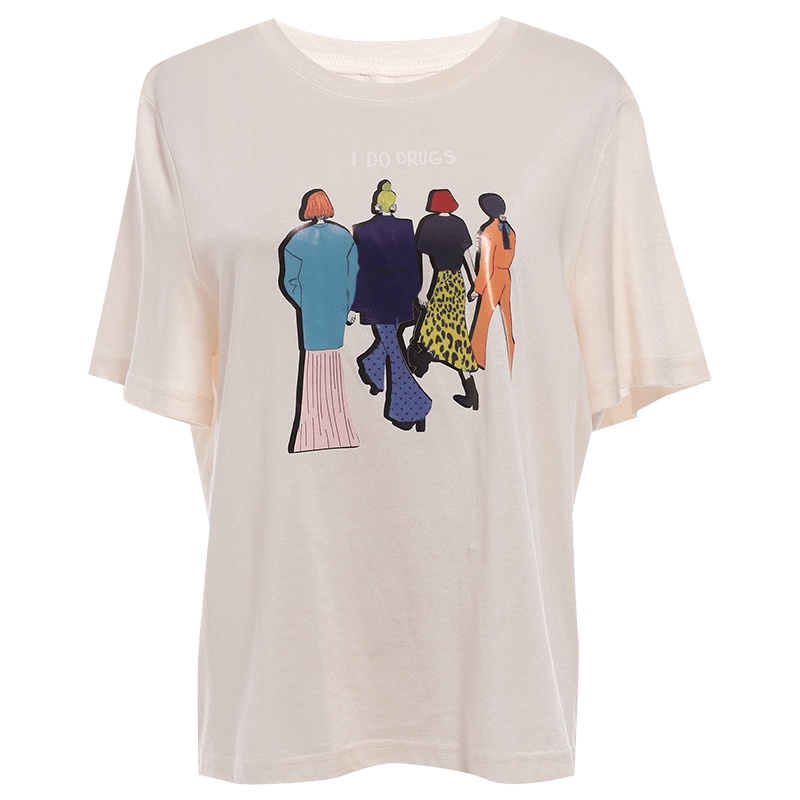 欧昵雪休闲圆领宽松短袖人像印花T恤女纯棉显瘦上衣