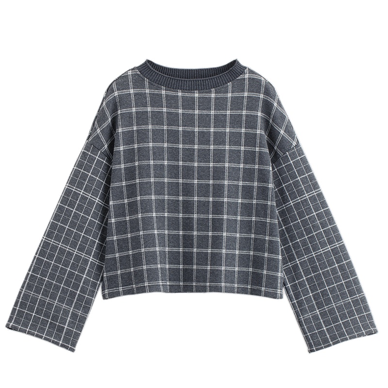 茵曼秋装新款文艺范格子喇叭袖套头卫衣外套女宽松