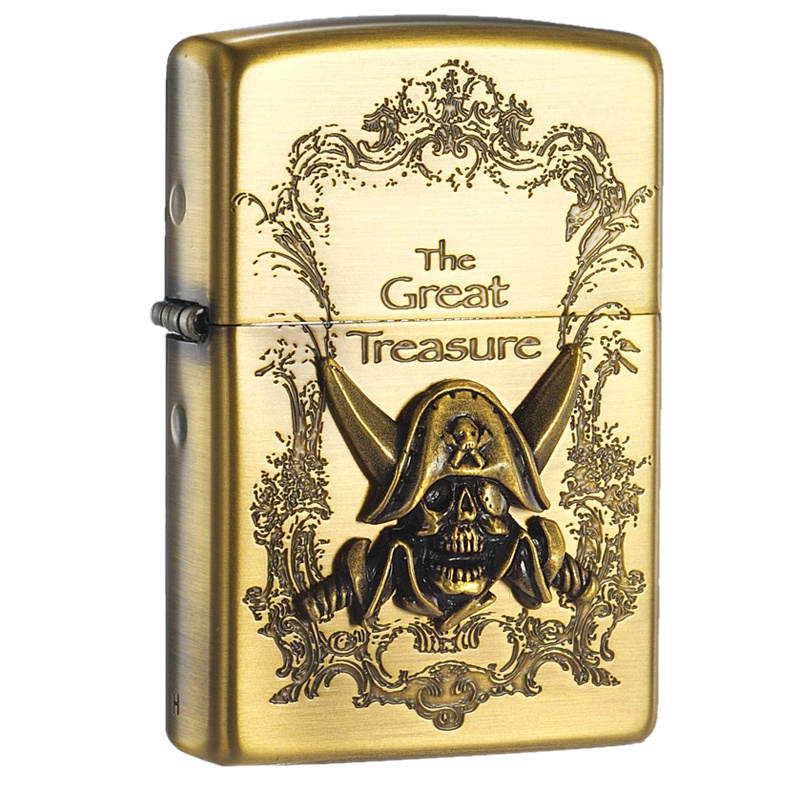 美国ZIPPO打火机 芝宝 加勒比海 金色骷髅头海盗徽章 古铜海盗藏宝图 男士礼品