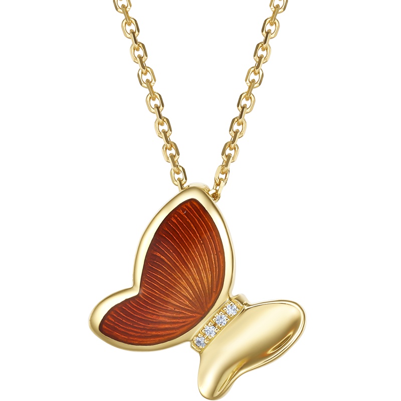 周大生钻石吊坠项链女正品18K金珐琅蝴蝶挂坠套链锁骨链新款