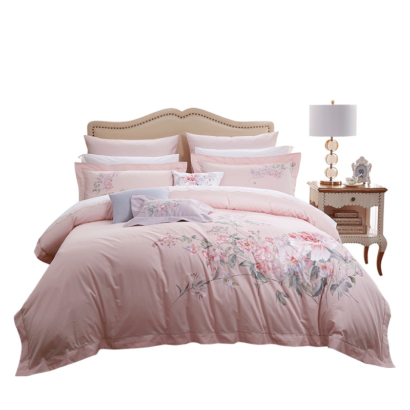 堂皇TEVEL欧式轻奢60支贡缎长绒棉全棉绣花亲肤床上套件四件套