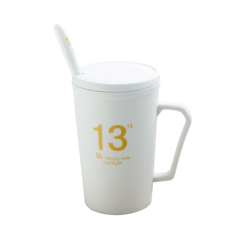 瓷魂 创意陶瓷杯子情侣水杯咖啡杯带盖带勺马克杯牛奶杯 1314白色