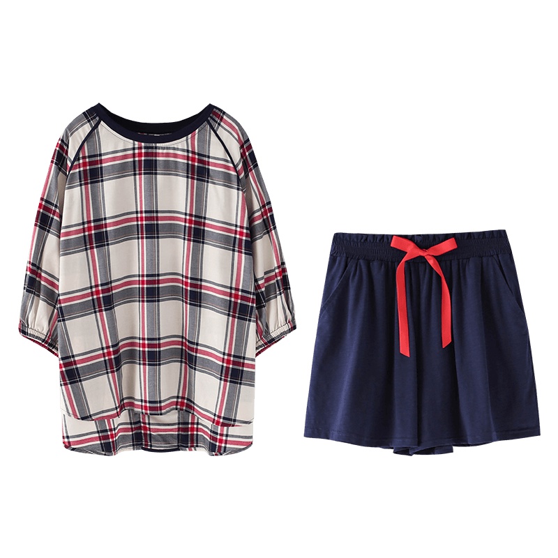 乌拉拉公主梭织色织格七分袖圆领女套装男套装W92K1212-W92K1112