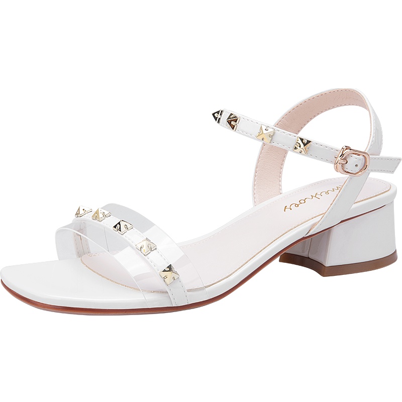 阿么夏季女鞋铆钉一字带方头露趾低跟鞋时尚韩版百搭简约凉鞋女