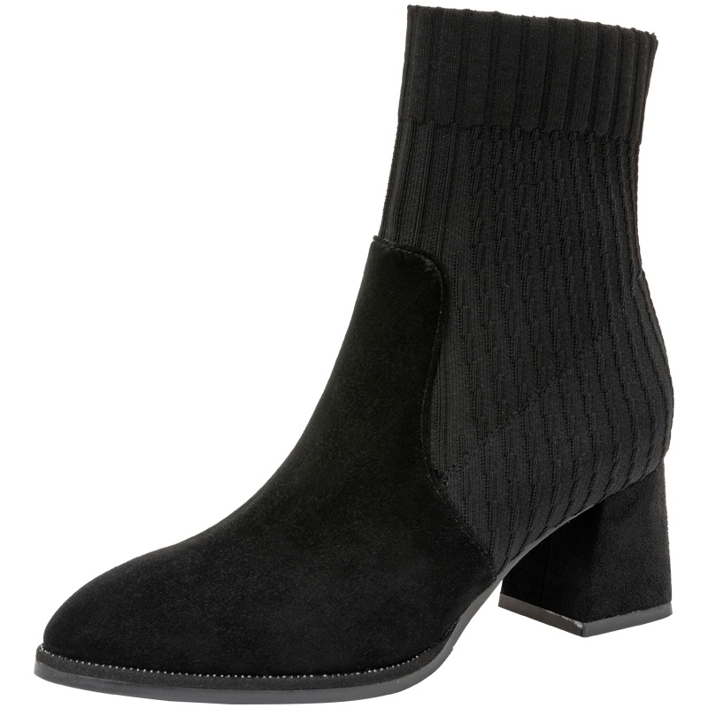 百田森尖头袜靴女冬新款粗高跟ins网红瘦瘦靴增高弹力女短靴