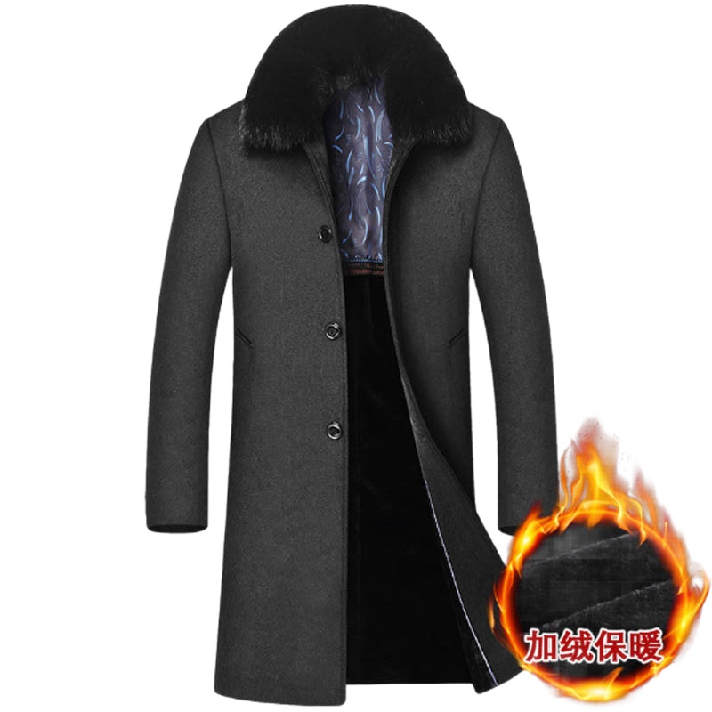 冬季新款男士羊毛呢大衣中年爸爸装加绒加厚可拆卸大毛领毛呢外套男大衣
