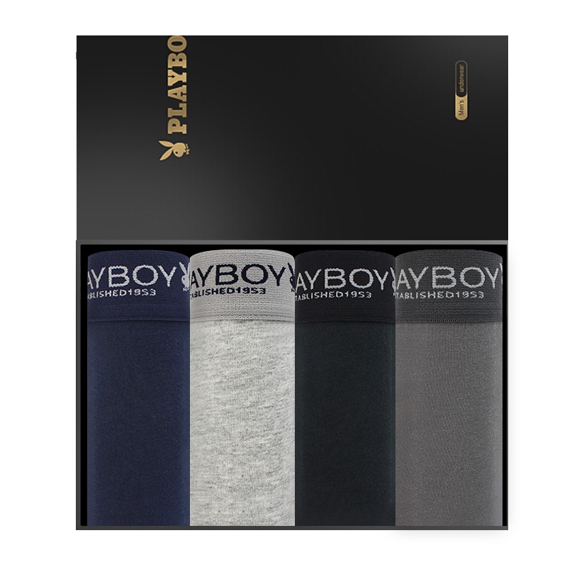 花花公子男士内裤男平角裤头全纯棉质植物抗菌透气吸汗中腰平角裤四角裤衩5002-4礼盒包装