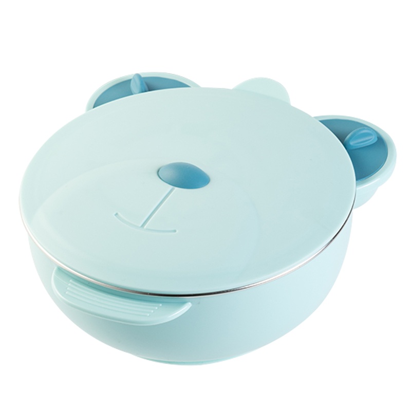 开优米(Kiuimi)儿童餐具宝宝不锈钢吸盘碗注水保温碗婴儿带盖辅食碗大容量婴童碗 蓝色款