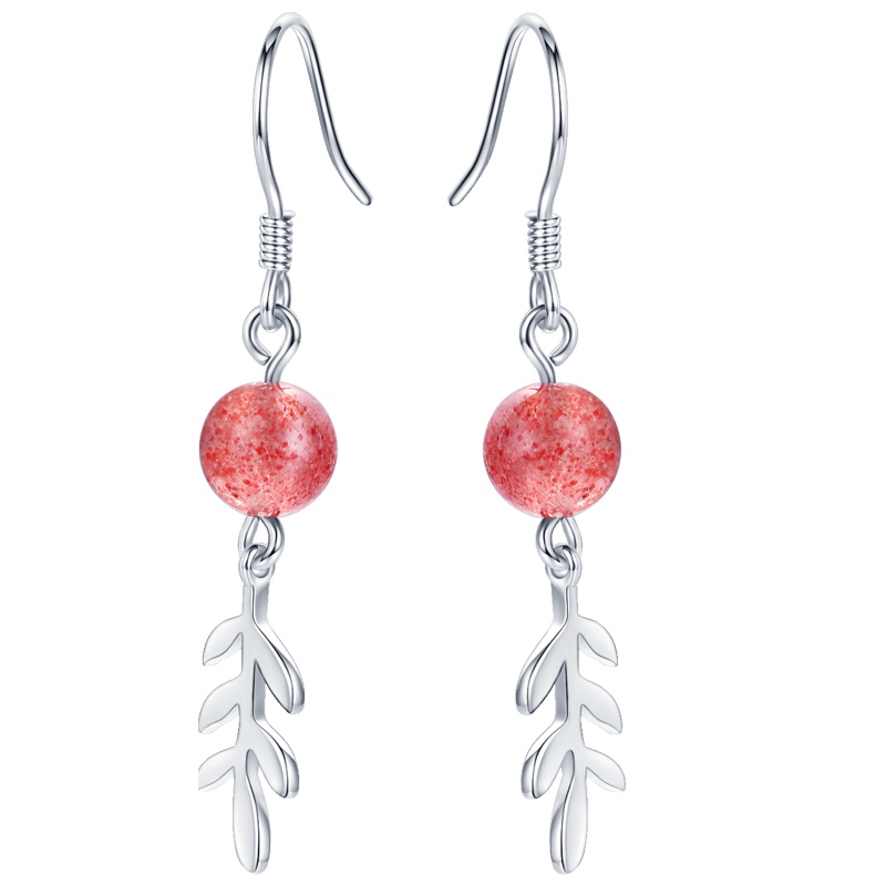 佰色传情925银耳饰草莓晶耳坠女韩版森系小清新叶子长款耳环