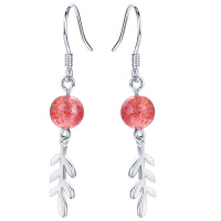 佰色传情925银耳饰草莓晶耳坠女韩版森系小清新叶子长款耳环