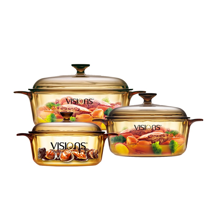 康宁(VISIONS)1.25L+2.25L+3.25L晶彩玻璃锅 三件套锅具 汤锅炖锅透明锅厨具套装琥珀锅