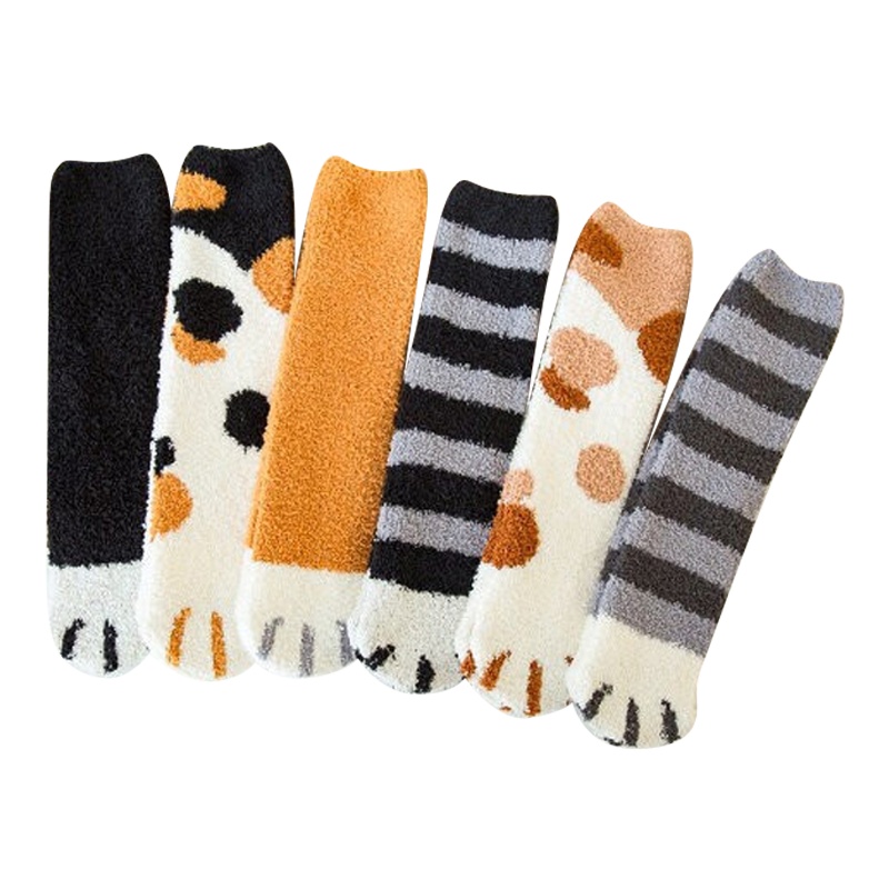 【顺丰配送】5双 毛毛绒珊瑚绒袜子女中筒袜秋冬季猫爪可爱加厚保暖睡觉地板睡眠袜GNVW-034-5