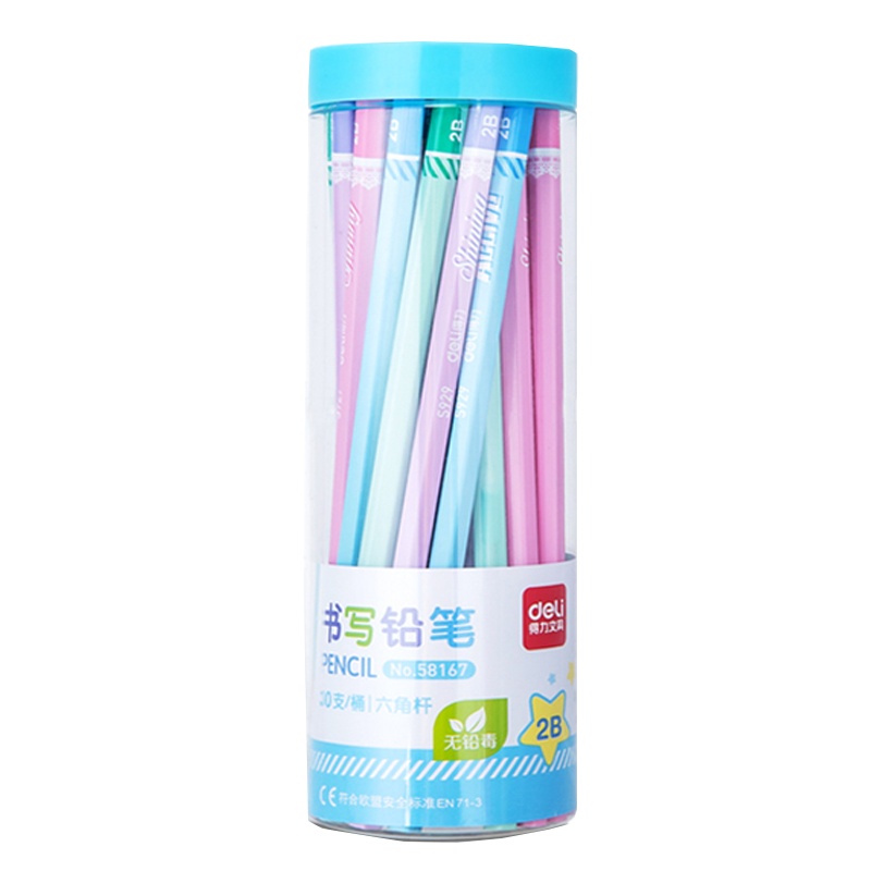 得力(deli)58167铅笔30支/桶 2B六角杆学生儿童写字笔素描绘画笔书写铅笔文具书写工具 混色