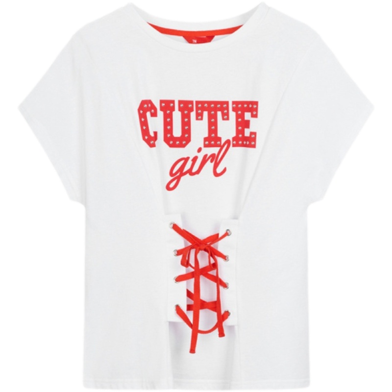 【专柜同款】拉夏贝尔旗下7M夏新款韩版内搭字母印花ins系带个性圆领T恤 本白 S