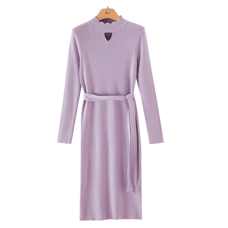 晚白2020冬季新品简约纯色立领长袖修身包臀裙针织打底连衣裙女