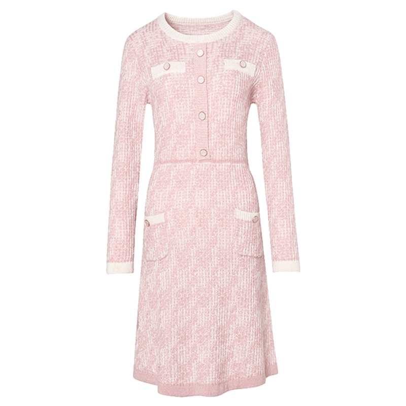 三彩2020春秋季新款圆领胖mm修身小香风长袖针织大码连衣裙装