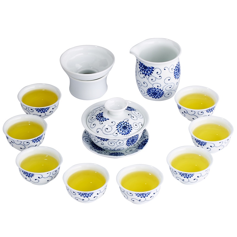 常生源 功夫茶具套装青花瓷整套功夫茶具陶瓷茶杯盖碗茶海泡茶具礼品礼盒装 向阳花茶具